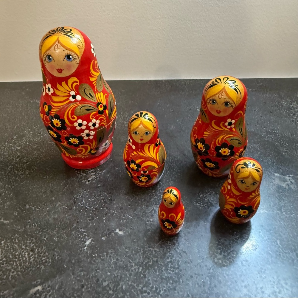 Vibrant Red and Yellow Floral Matryoshka Doll - Picture 7 of 9